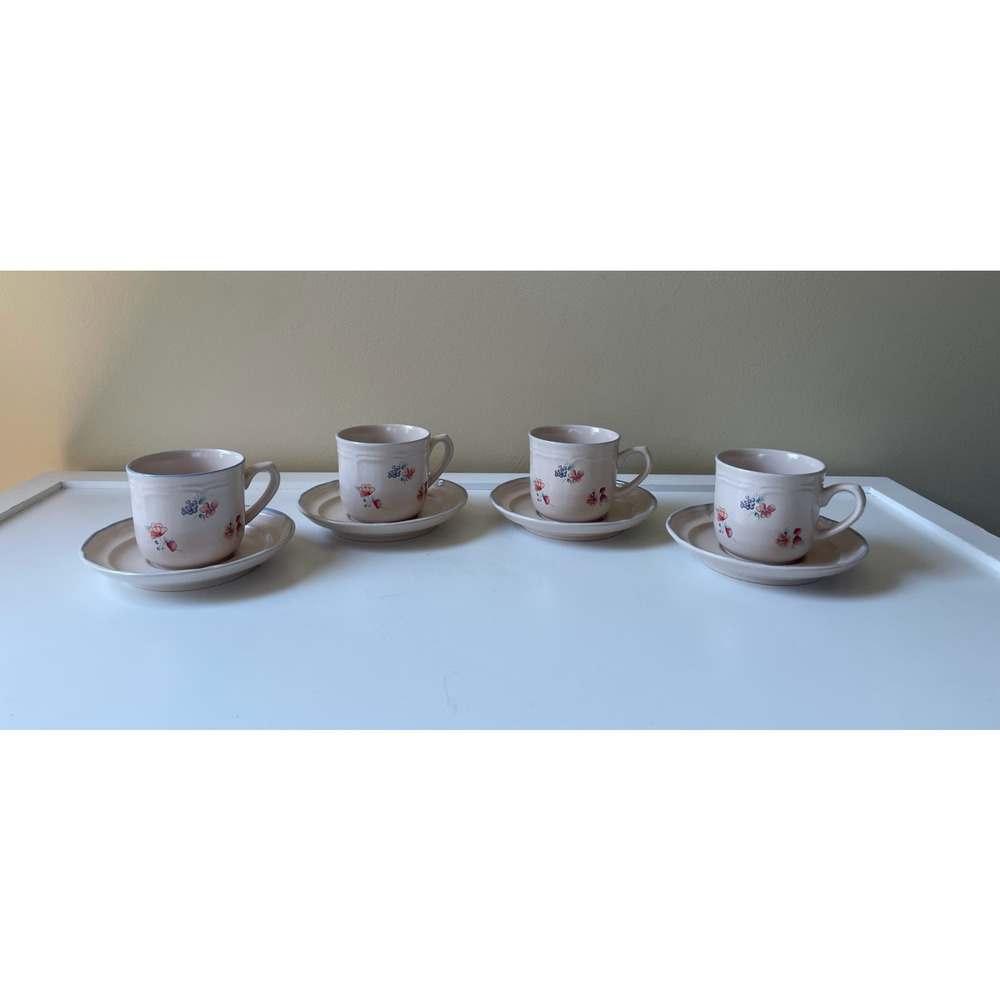 International Tableworks Stoneware Cup and Saucer Blue & Pink Floral Set of 4